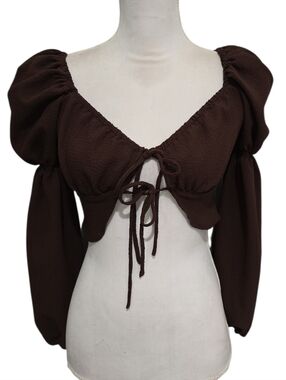 Divided By H&M Brown Tie-Front Puff Sleeve Crop Top Size Small